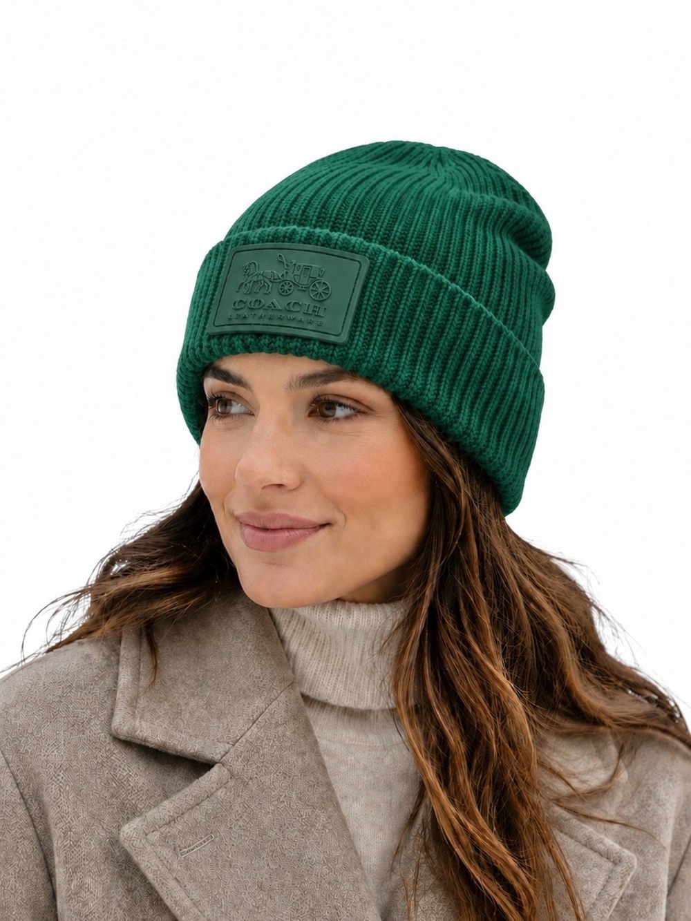 Coach Green Ribbed Wool Blend Tonal Patch Beanie Hat OS NWOT